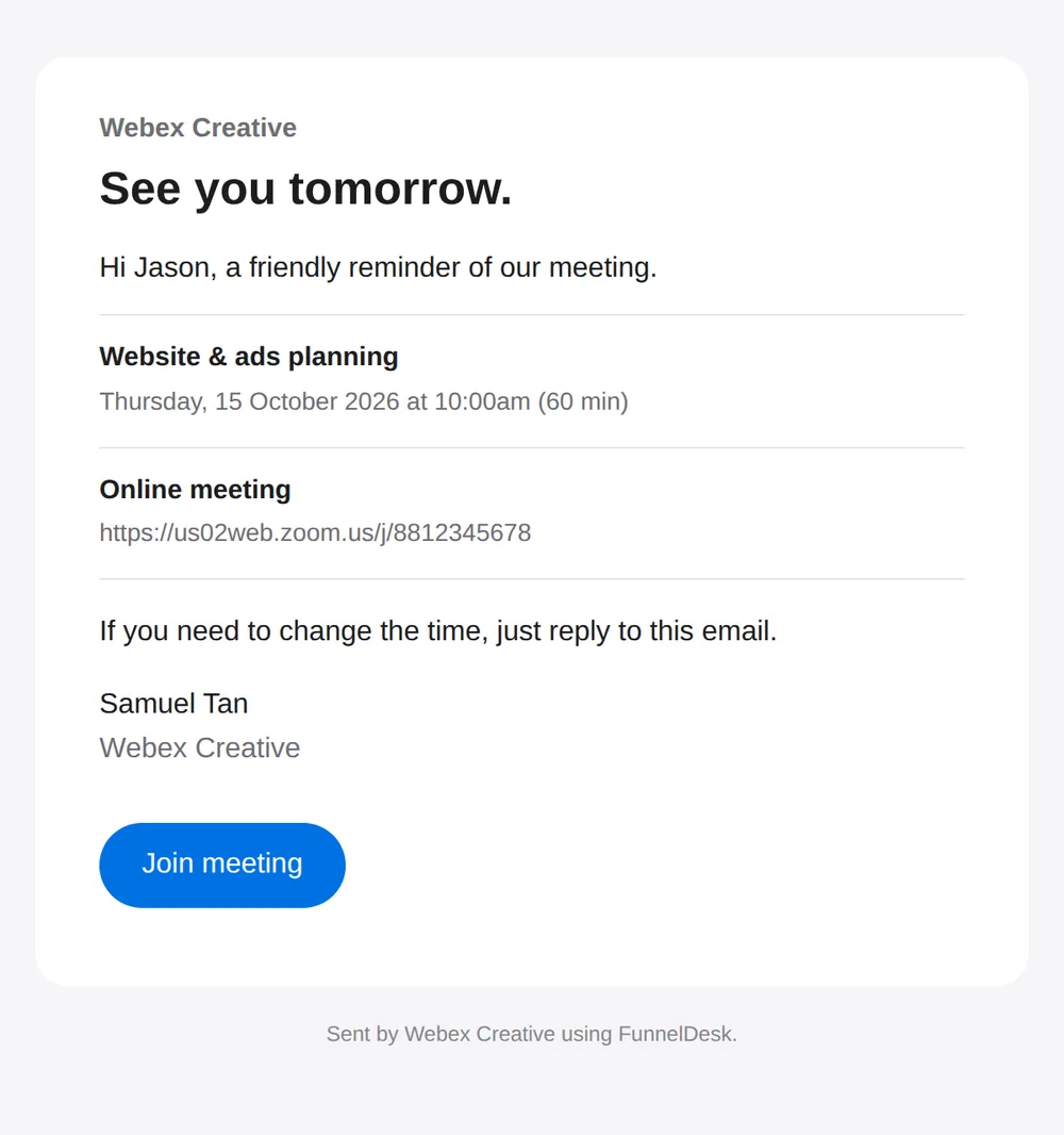 Meeting reminder email to a customer with the date, Zoom link and a Join meeting button