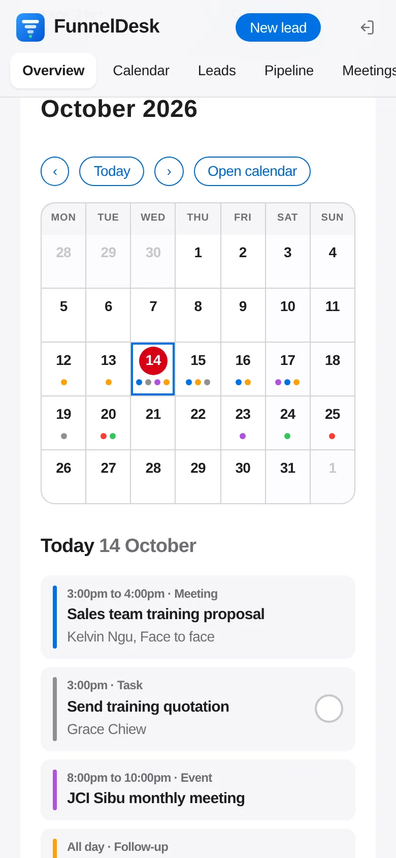 FunnelDesk calendar on a phone